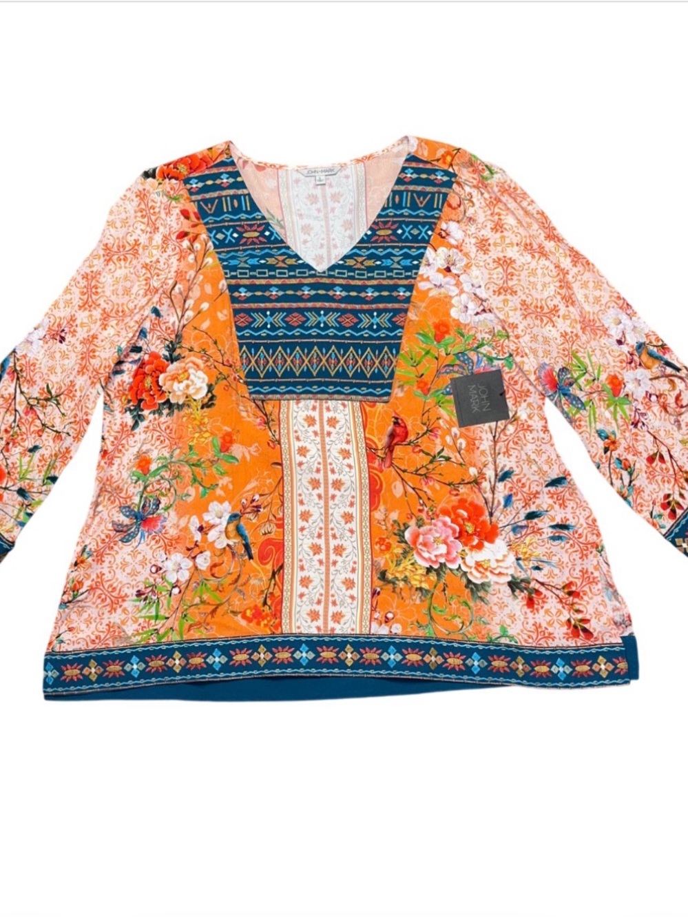 John Mark Boho Floral Tunic Blouse Blue Orange Swing Stitched Ladies Large NWT